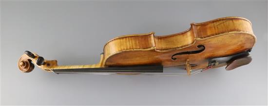 A school of Panormo violin, labelled Vicenzo Panormo, Londra 1793 in ink, length of back 35.2cm, minor restorations